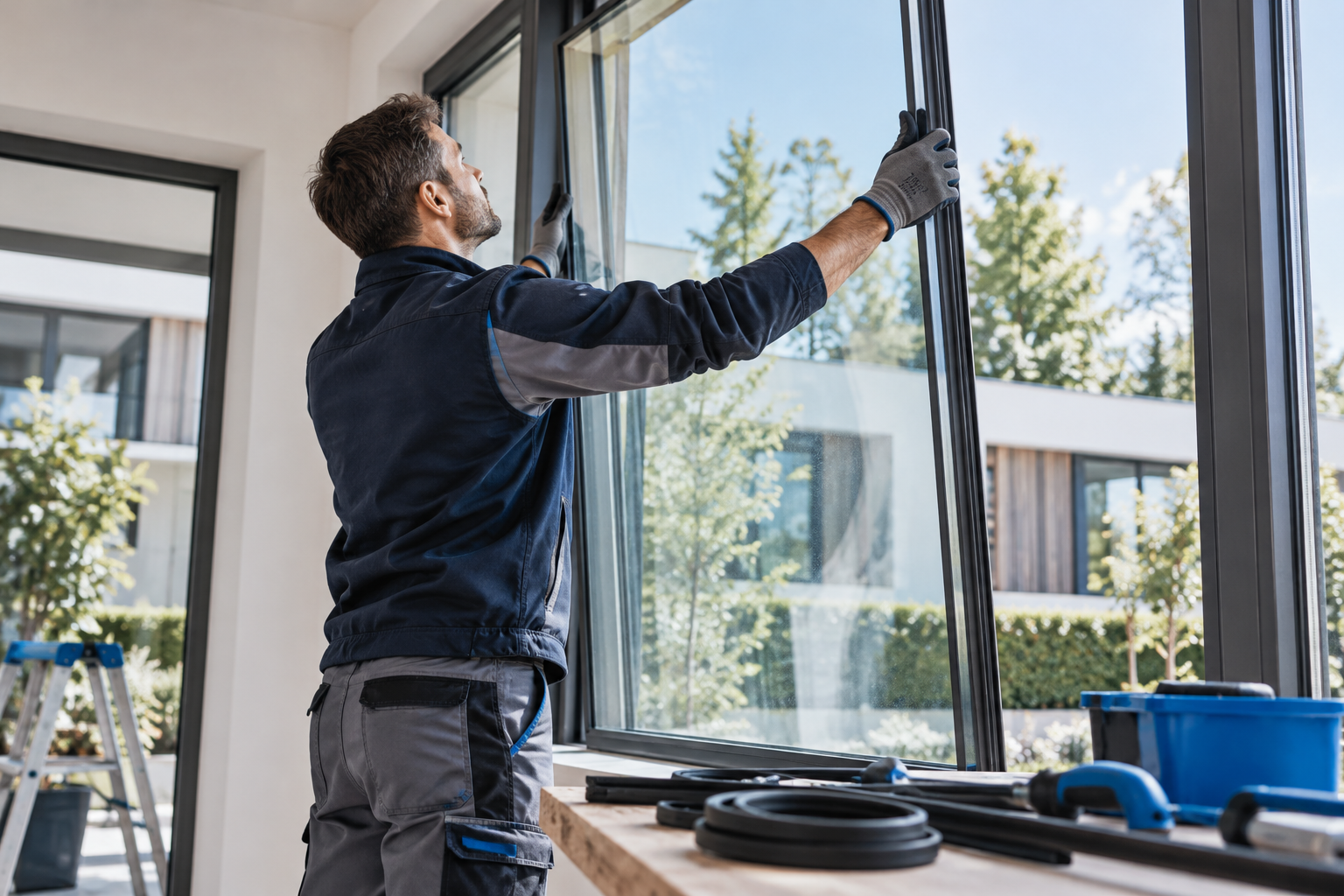 Vakman plaatst een nieuwe glasplaat met hoogrendementsglas in een kozijn tijdens een renovatie