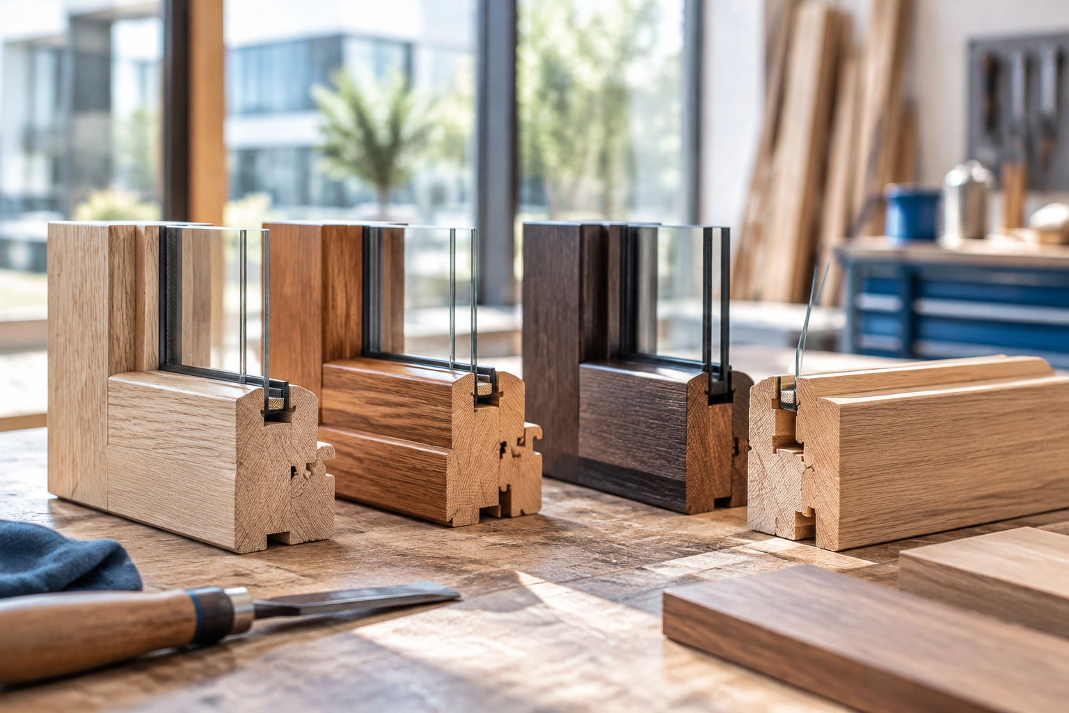 Verschillende houtsoorten en profielen voor kozijnen op een werktafel