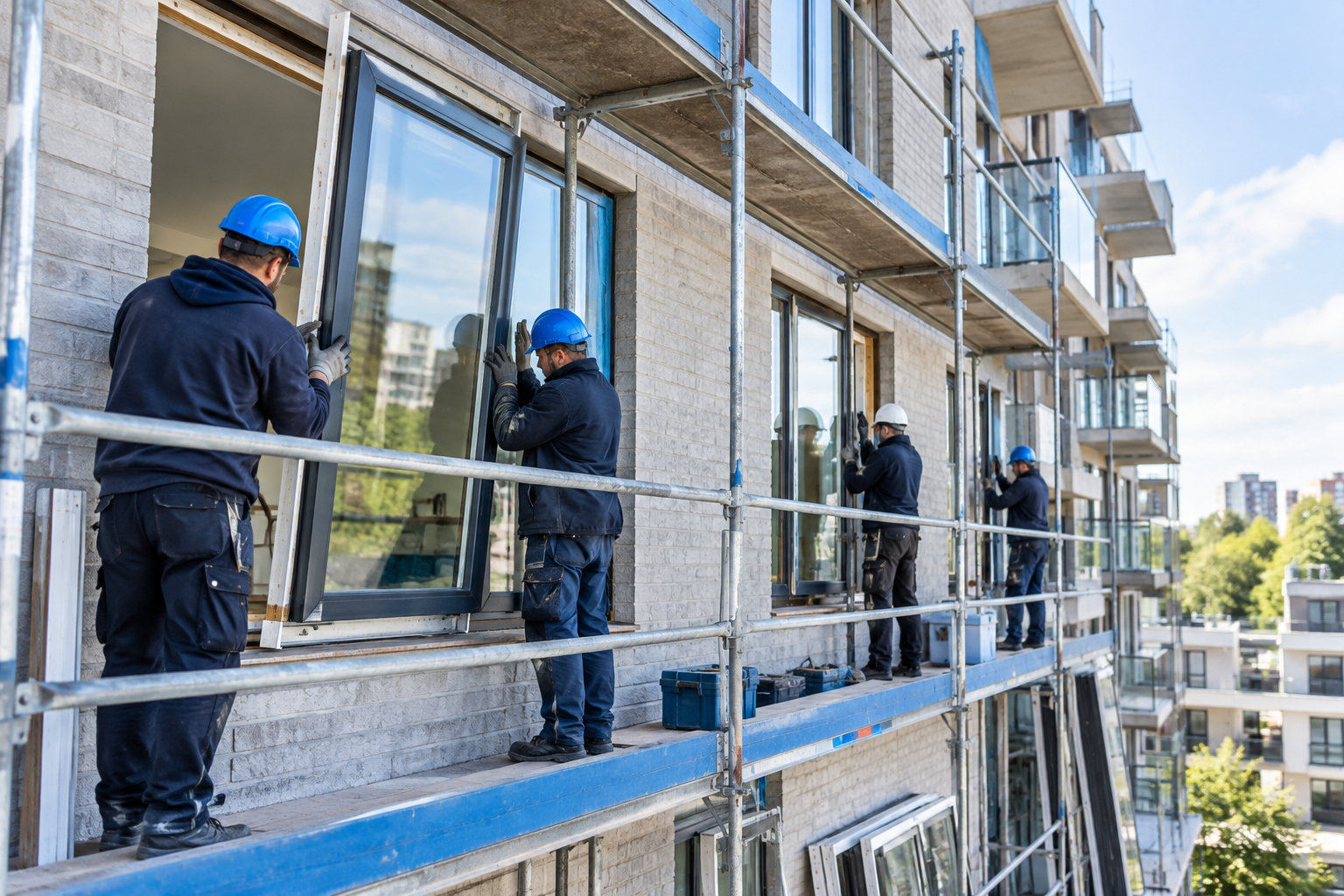 Meerdere kozijnen worden tegelijk geplaatst aan de gevel van een appartementengebouw met steigers