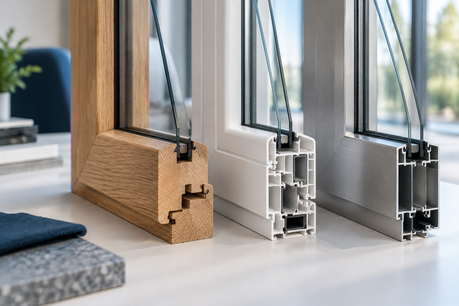 Close-up van drie kozijnprofielen naast elkaar in hout, kunststof en aluminium om de verschillen te tonen
