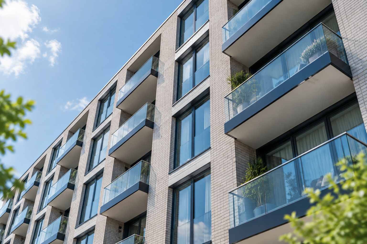 Appartementengebouw met meerdere identieke kozijnen gezien vanaf de straat