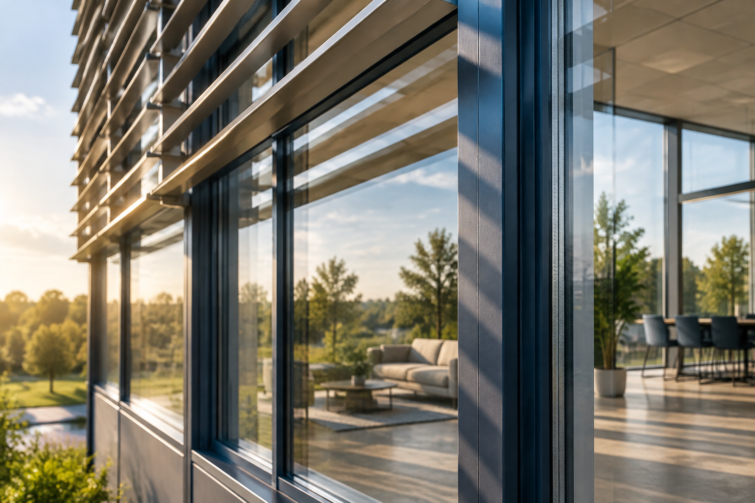 Detail van glas met zonwering tegen oververhitting bij een glazen gevel