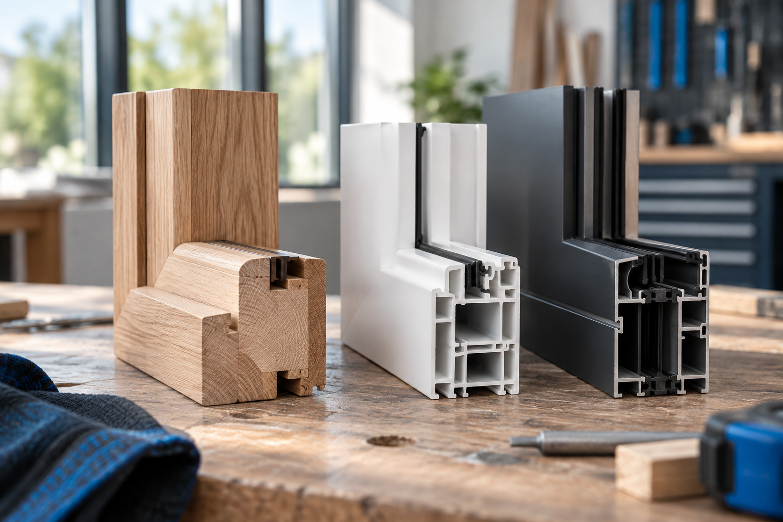 Drie materiaalstalen voor een achterdeur: hout, kunststof en aluminium naast elkaar