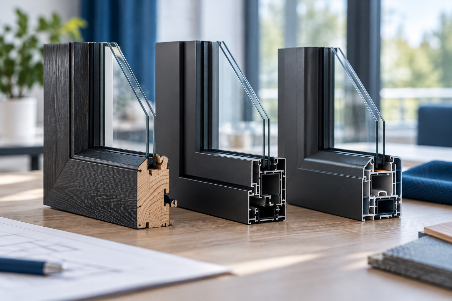 Drie materialen voor zwarte kozijnen: hout, kunststof en aluminium naast elkaar