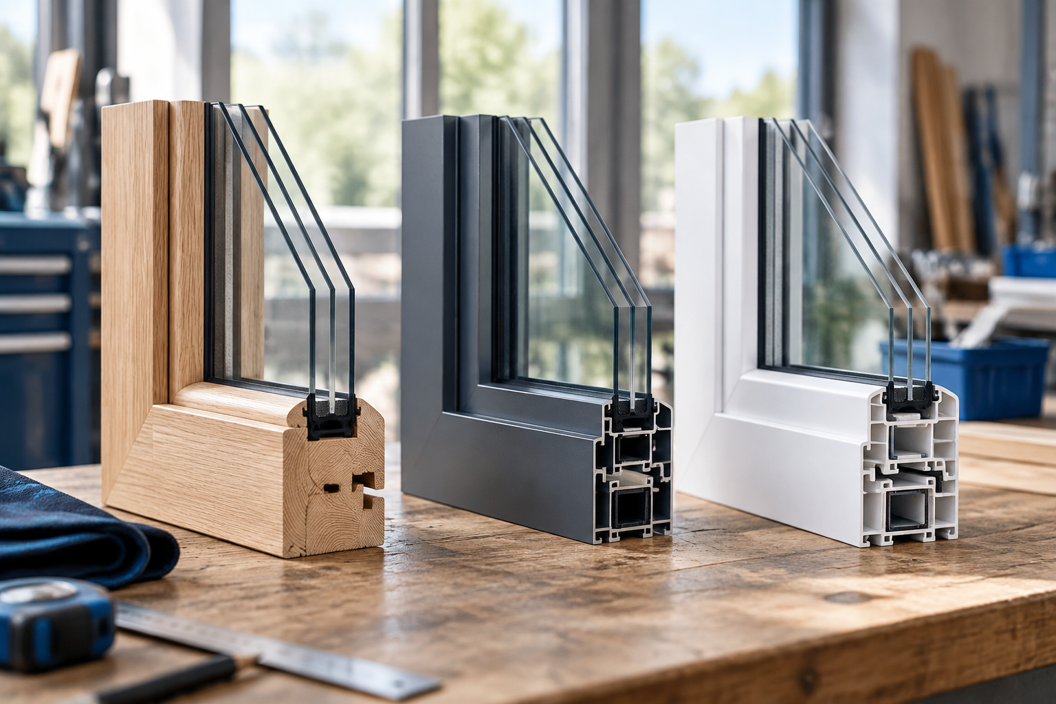 Drie kozijnmaterialen hout, aluminium en kunststof naast elkaar in daglicht