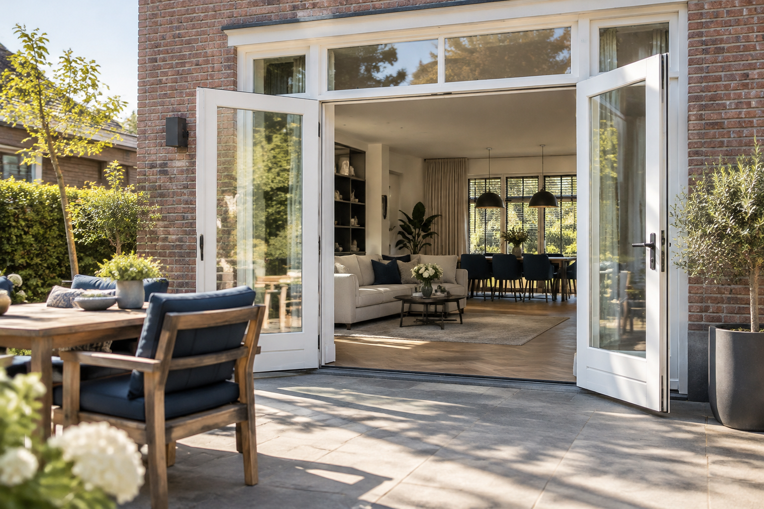 Dubbele openslaande deuren in een pui die volledig openstaan naar een terras