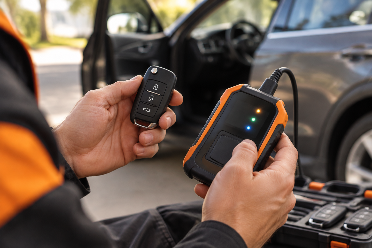 Close-up van een moderne keyless autosleutel die met een programmeerapparaat wordt uitgelezen