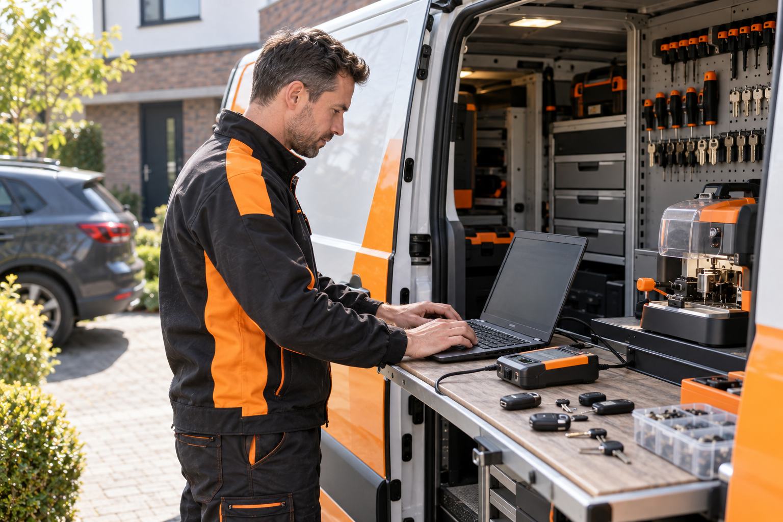 Monteur maakt een nieuwe autosleutel aan bij de klant op de oprit met mobiele apparatuur