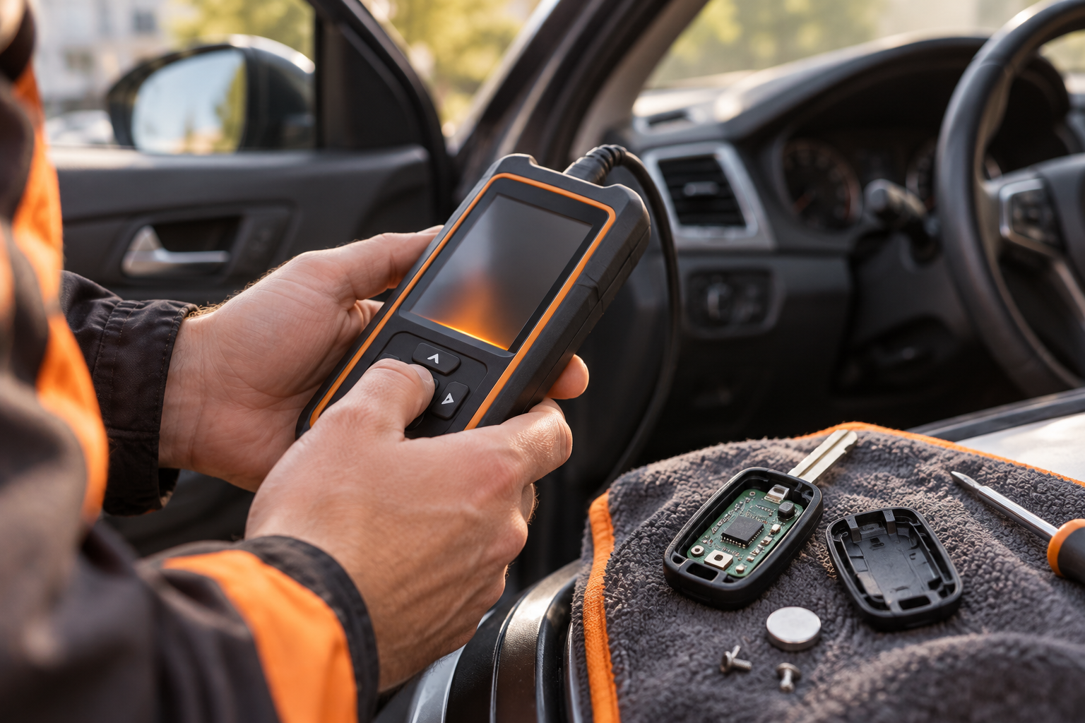 Close-up van een technicus die een afstandsbediening van een autosleutel programmeert met een diagnoseapparaat