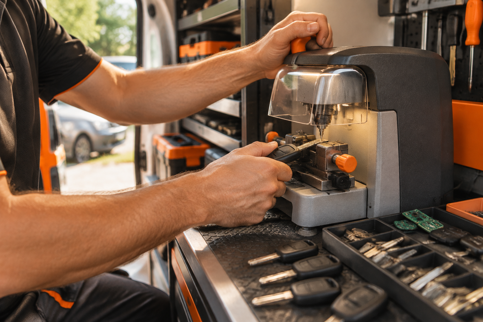 Close-up van een monteur die ter plaatse een nieuwe autosleutel bijmaakt in een ingerichte servicebus
