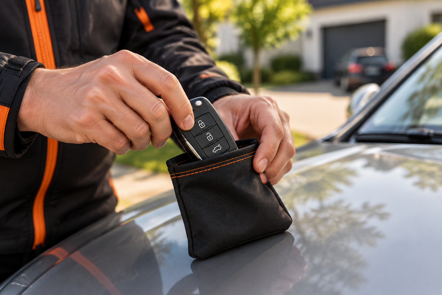 Een keyless autosleutel wordt in een signaalblokkerend hoesje gestopt ter bescherming tegen diefstal