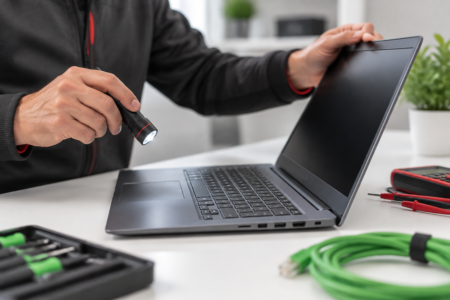 Computer Kopen Tweedehands? Let Op Dit Verschil - It Gigant Iemand Controleert Het Toetsenbord En Scherm Van Een Tweedehands Laptop Op Technische Mankementen