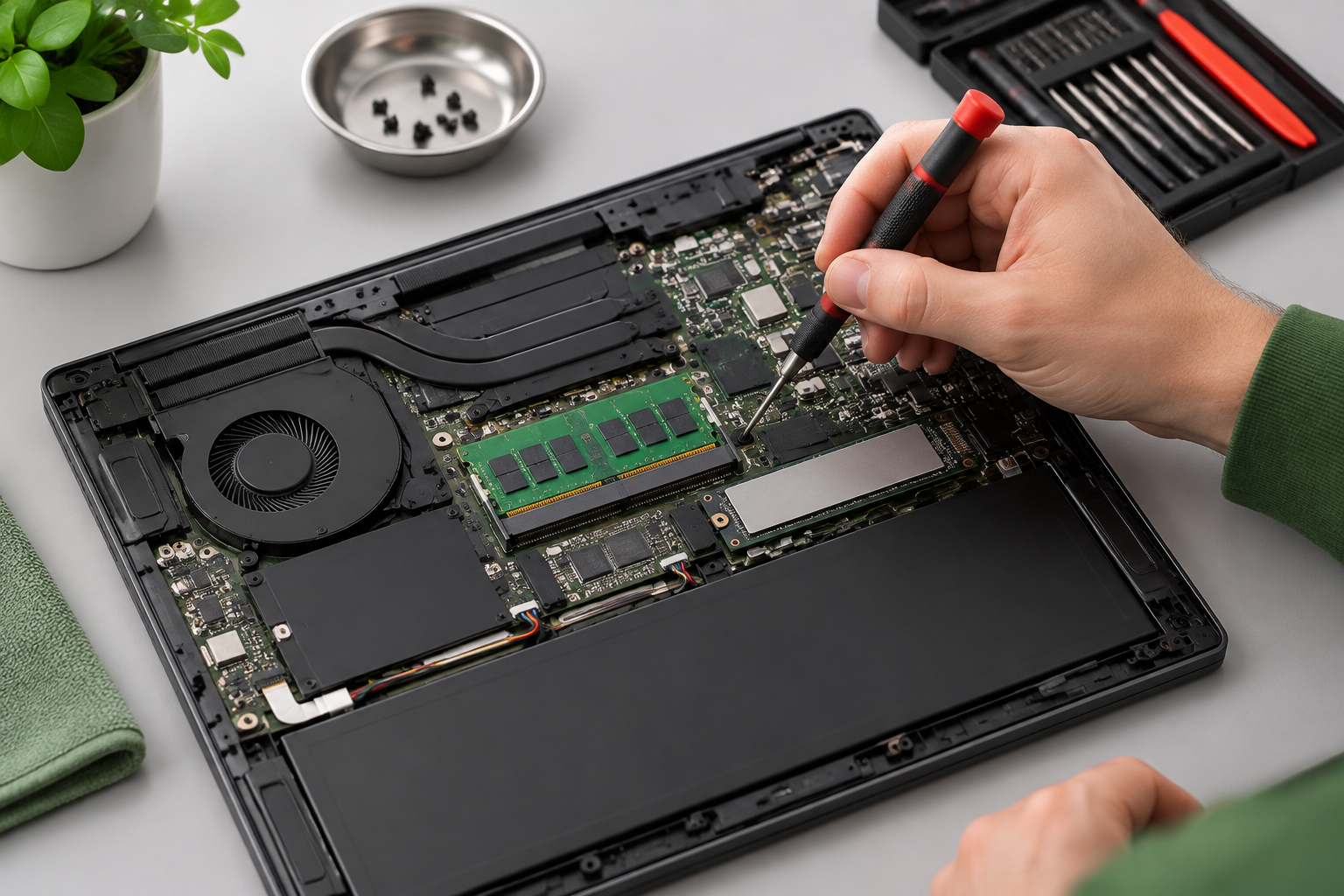 Bovenaanzicht Van Een Geopende Laptop Met Zichtbare Interne Onderdelen En Een Schroevendraaier.