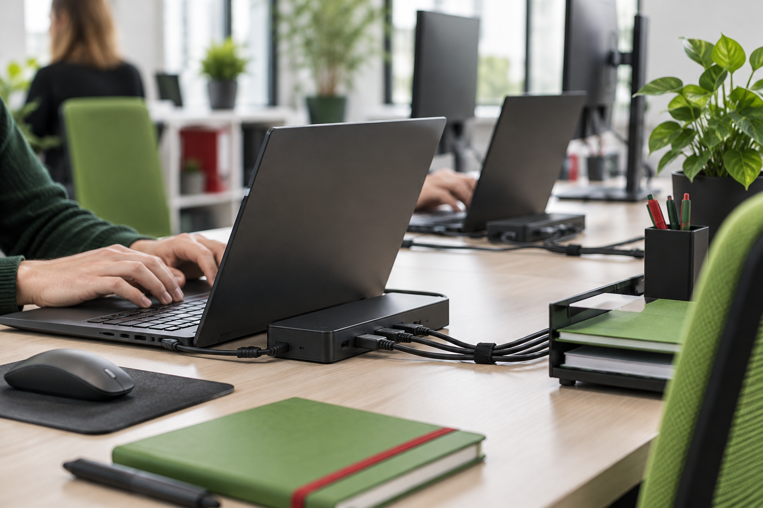 Overzicht Van Een Moderne Kantooromgeving Met Meerdere Zakelijke Laptops Op Bureaus.