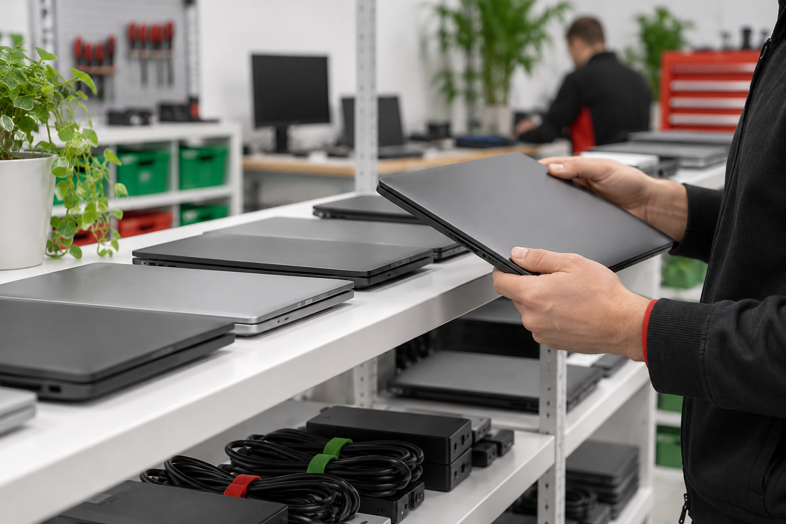 Rij Refurbished Zakelijke Laptops Op Een Schap, Met Een Hand Die Er Een Controleert.