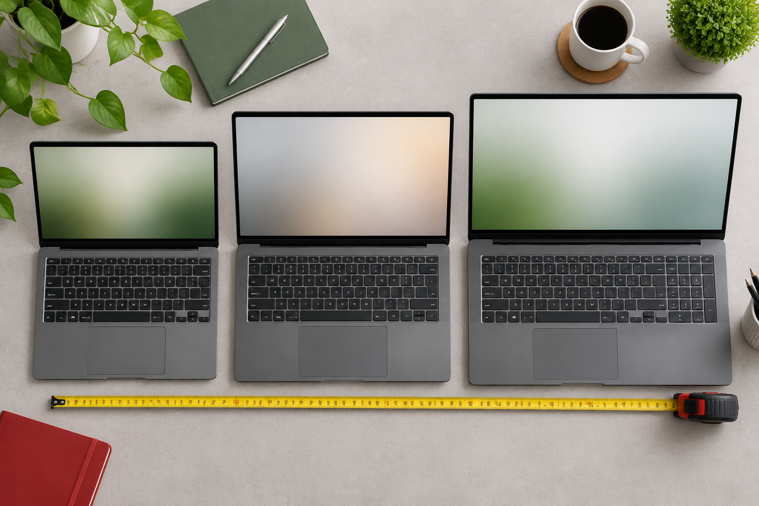 Drie Laptops Met Verschillende Schermformaten Naast Elkaar Ter Vergelijking Van 13, 14 En 15 Inch