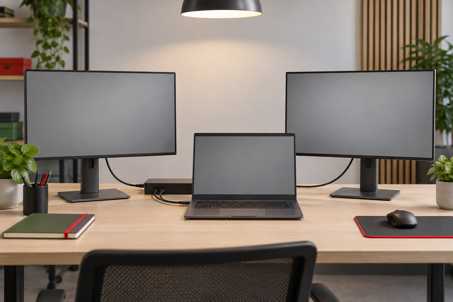 Surface Dock 2 Nodig? Zo Kies Je De Juiste Dock - It Gigant Twee Monitoren Aangesloten Op Een Laptop Via Een Docking Station Op Een Bureau