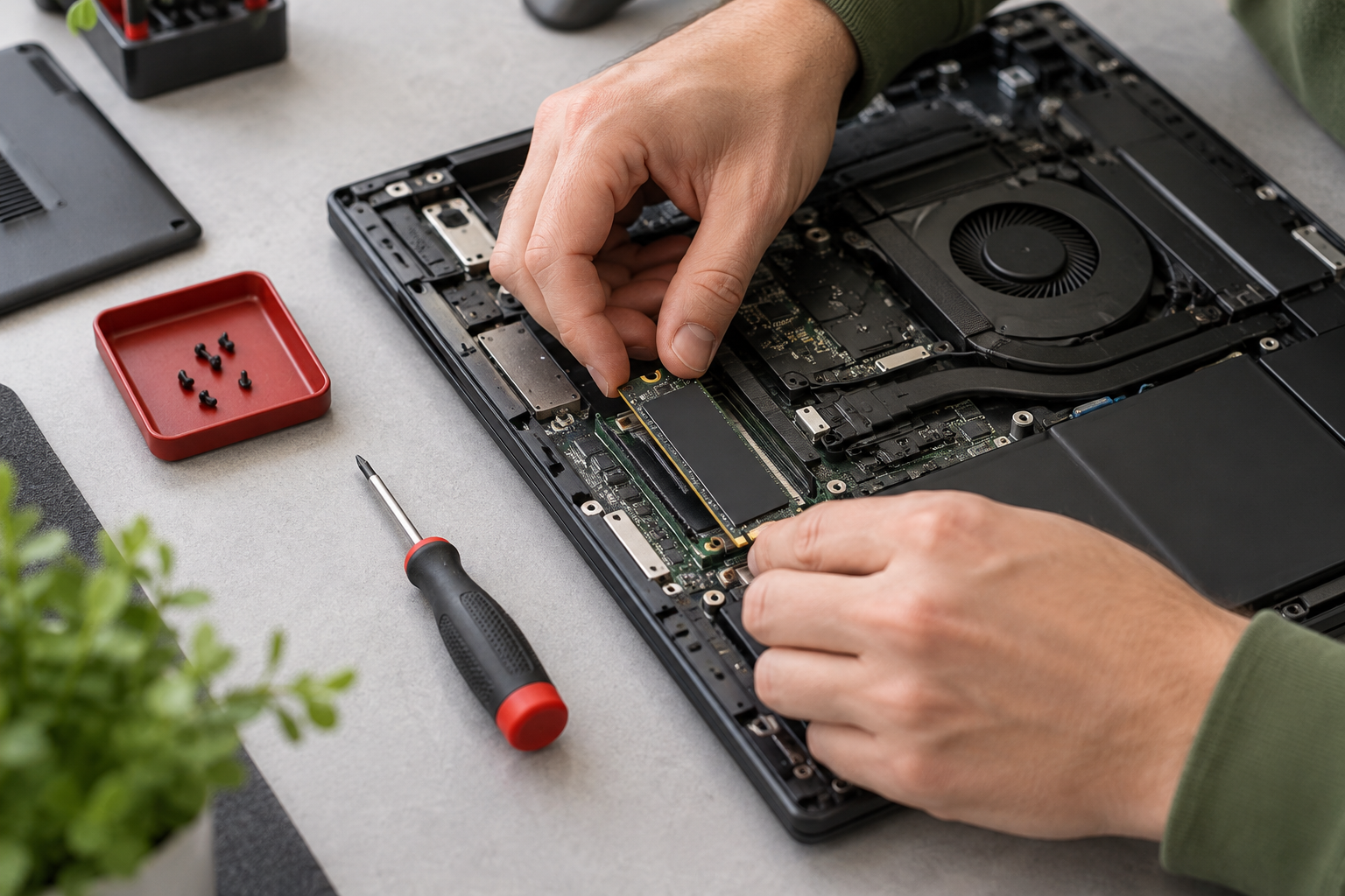 Waar Zit De Harde Schijf In Een Laptop? Zo Vind Je Hem - It Gigant Technicus Plaatst Een Ssd In Het Opengemaakte Compartiment Van Een Laptop