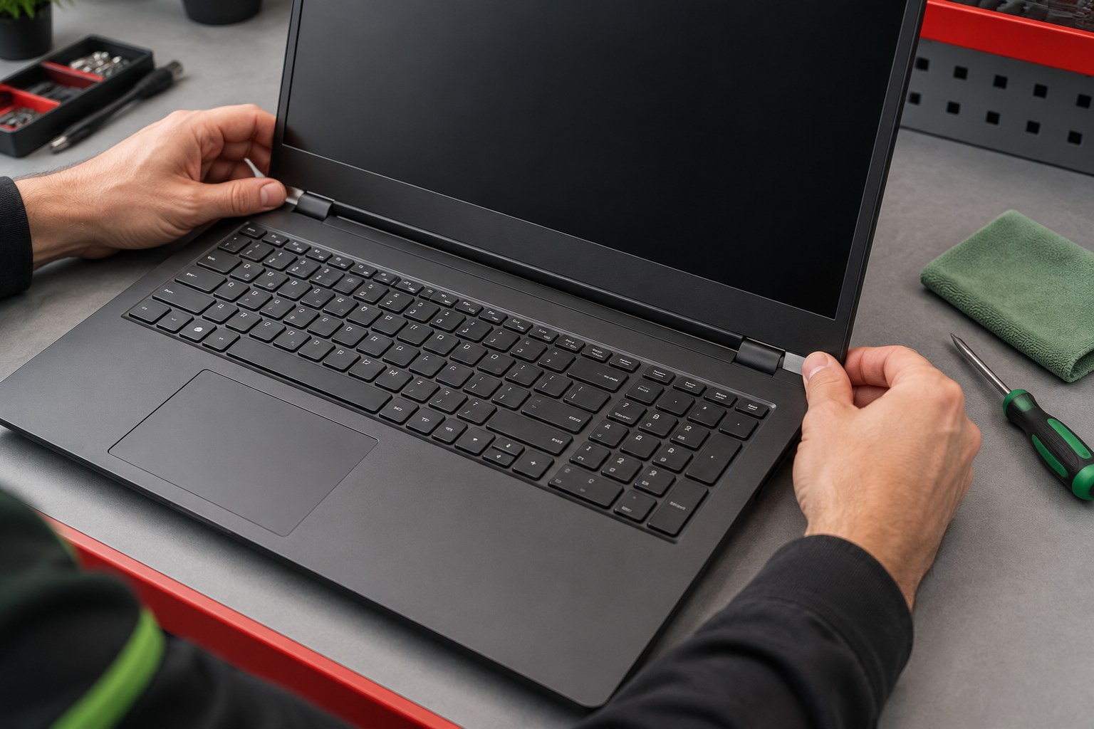 Handen Die De Staat Van Een Refurbished 17 Inch Laptop Controleren Op Een Werkbank