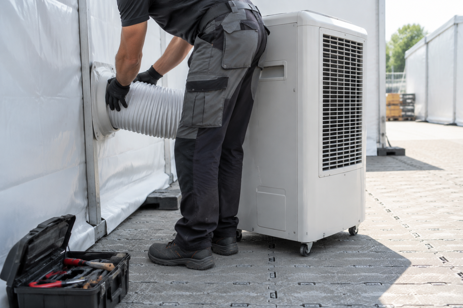 Installatie van een mobiele airco door een monteur op locatie