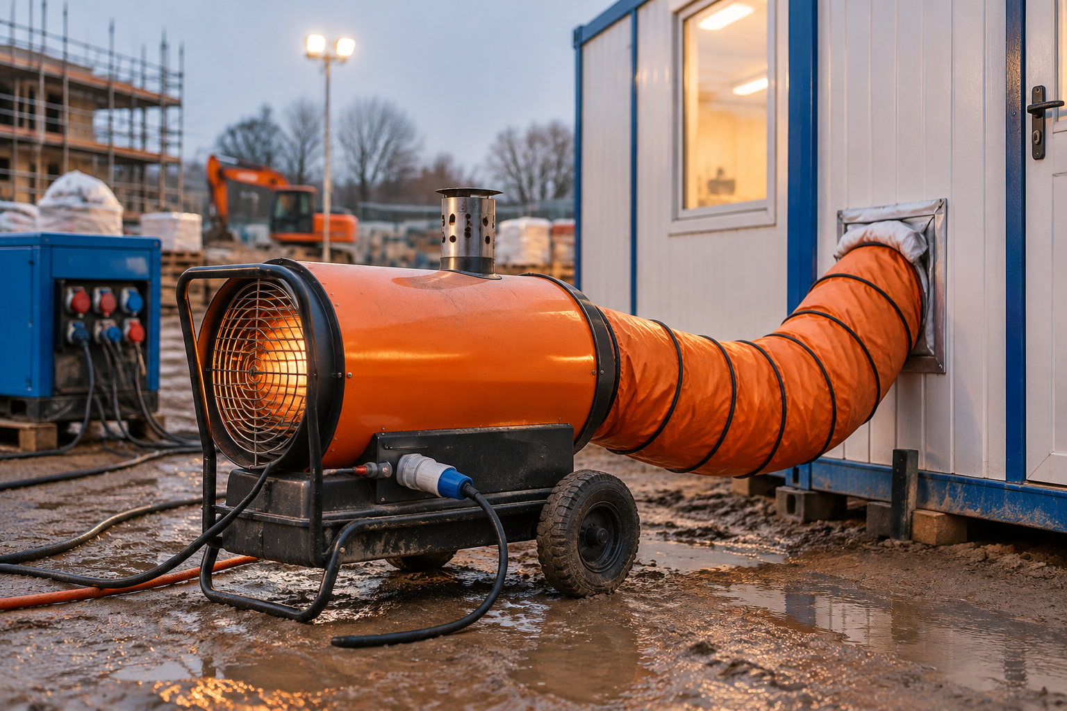 Mobiele verwarmingsunit met aansluitslang op een bouwplaats