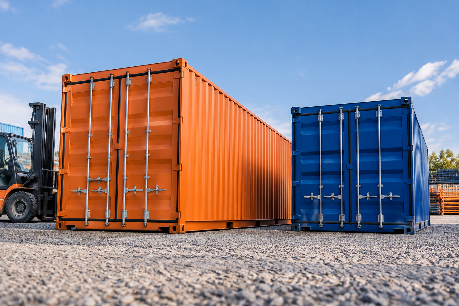 Vergelijking van twee zeecontainers met verschillende afmetingen naast elkaar op een terrein