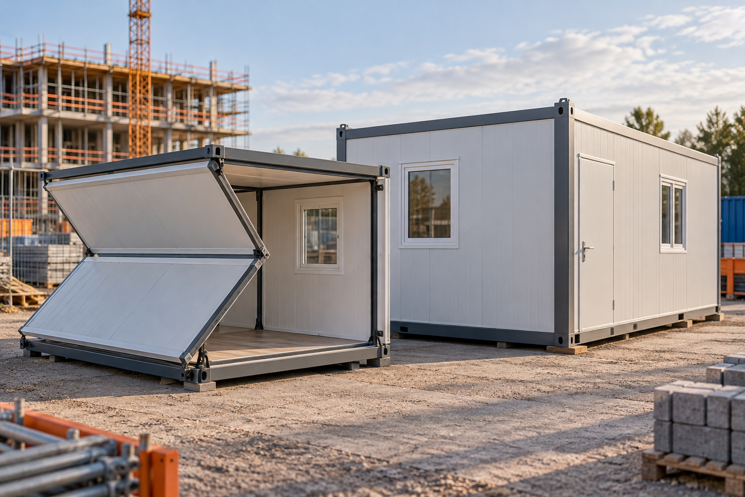 Een opvouwbare foldable unit naast een traditionele modulaire unit op een bouwplaats